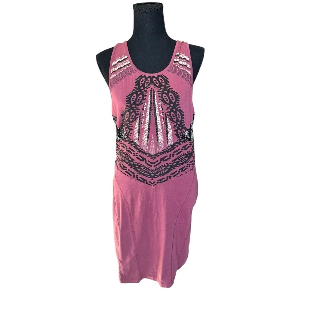 Free People Boho Embroidered Mesh Cutout Back Tank Dress Tunic Pink Purple L G23